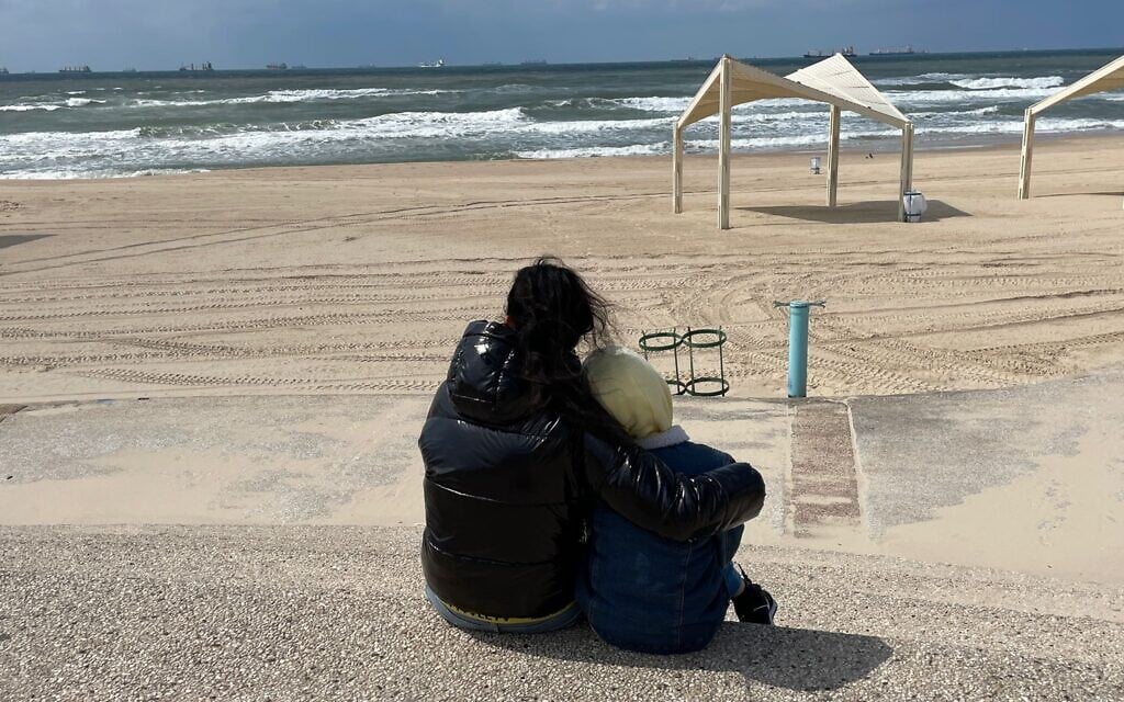 Liudmyla Matrenin and Lev visit the Mediterranean Sea on their first full day in Israel on March 25, 2022. (Courtesy/Liudmyla Matrenin)
