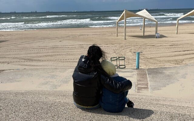 Liudmyla Matrenin and Lev visit the Mediterranean Sea on their first full day in Israel on March 25, 2022. (Courtesy/Liudmyla Matrenin)