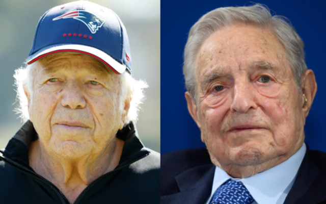 Billionaires Robert Kraft (left) and George Soros, who each contributed $1 million dollars to pro-Israel PACs in August 2022. (Cliff Hawkins/Getty Images & Fabrice Coffrini/AFP via Getty Images) Billionaires Robert Kraft (left) and George Soros, who each contributed $1 million dollars to pro-Israel PACs in August 2022. (Cliff Hawkins/Getty Images & Fabrice Coffrini/AFP via Getty Images)