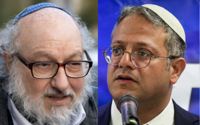 Convicted Israeli spy Jonathan Pollard, left, attends the funeral of his wife Esther in Jerusalem on January 31, 2022; MK Itamar Ben Gvir, right, speaks during a press conference in Ramat Gan on August 15, 2022. (Yonatan Sindel/Flash90); (Avshalom Sassoni/Flash90)