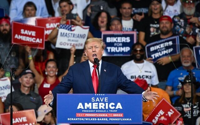 Former US President Donald Trump speaks during a campaign rally in support of Doug Mastriano for Governor of Pennsylvania and Mehmet Oz for US Senate at Mohegan Sun Arena in Wilkes-Barre, Pennsylvania on September 3, 2022. (Photo by Ed JONES / AFP)