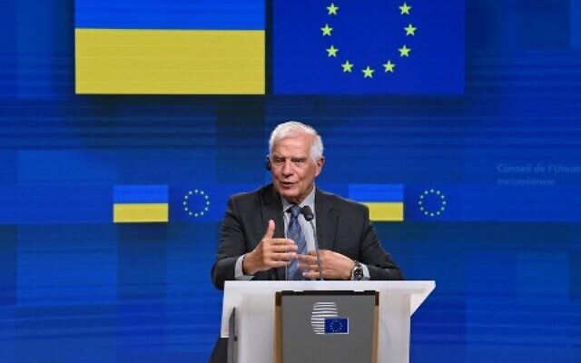European Union's foreign policy chief Josep Borrell speaks during a press conference during an EU-Ukraine Association Council meeting at the EU headquarters in Brussels on September 5, 2022. (John THYS/AFP) European Union's foreign policy chief Josep Borrell speaks during a press conference during an EU-Ukraine Association Council meeting at the EU headquarters in Brussels on September 5, 2022. (John THYS/AFP)
