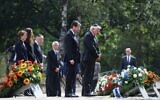 German President Frank-Walter Steinmeier (R), his wife Elke Buedenbender(L), Israel's President Isaac Herzog (2nd-R) and his wife Michal Herzog (2nd-L) visit the Gedenkstaette Bergen-Belsen Memorial, site of the concentration camp where thousands of prisoners were killed during World War II, in Bergen-Belsen near Nordhausen, central Germany, on September 6, 2022. (Ronny Hartmann/AFP)
