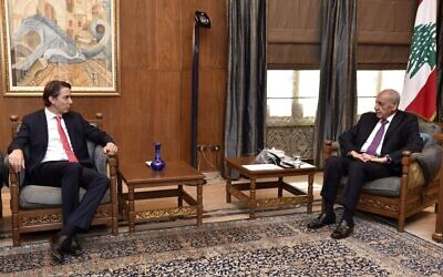 US energy envoy Amos Hochstein meets with Lebanon's Speaker of the Parliament Nabih Berri, in the capital Beirut, on September 9, 2022. (Photo by AFP)