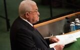 Palestinian Authority President Mahmoud Abbas addresses the 77th session of the United Nations General Assembly, Friday, September 23, 2022, at the UN headquarters. (Bryan R. Smith/AFP)