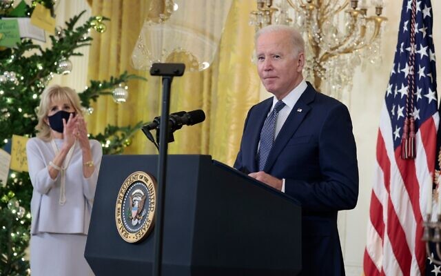 US President Joe Biden delivers remarks before a menorah-lighting ceremony in celebration of Hanukkah in the East Room of the White House, Dec. 1, 2021. (Anna Moneymaker/Getty Images) US President Joe Biden delivers remarks before a menorah-lighting ceremony in celebration of Hanukkah in the East Room of the White House, Dec. 1, 2021. (Anna Moneymaker/Getty Images)