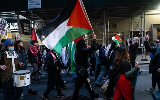 Illustrative: Pro-Palestinian demonstrators in New York City, March 30, 2022. (Luke Tress/Times of Israel) Illustrative: Pro-Palestinian demonstrators in New York City, March 30, 2022. (Luke Tress/Times of Israel)