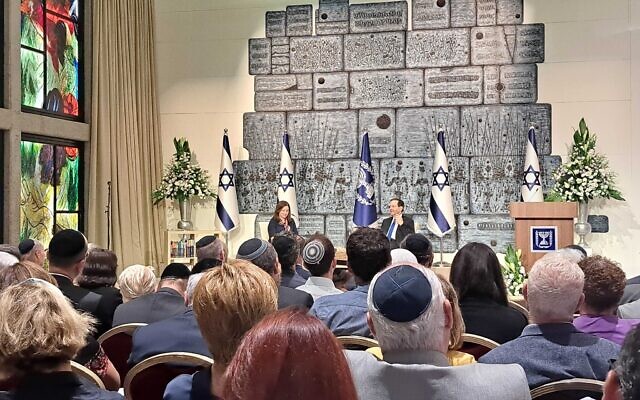 President Isaac Herzog speaks at an event at the President's Residence marking the second anniversary of the death of former British Chief Rabbi Jonathan Sacks on September 13, 2022 (Judah Ari Gross/Times of Israel) President Isaac Herzog speaks at an event at the President's Residence marking the second anniversary of the death of former British Chief Rabbi Jonathan Sacks on September 13, 2022 (Judah Ari Gross/Times of Israel)