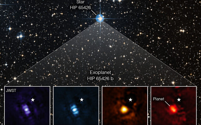 Four views of the planet named HIP 65426 b, captured by the James Webb telescope and released on September 1, 2022. (NASA/ESA/CSA, A Carter (UCSC), the ERS 1386 team, and A. Pagan (STScI) Four views of the planet named HIP 65426 b, captured by the James Webb telescope and released on September 1, 2022. (NASA/ESA/CSA, A Carter (UCSC), the ERS 1386 team, and A. Pagan (STScI)