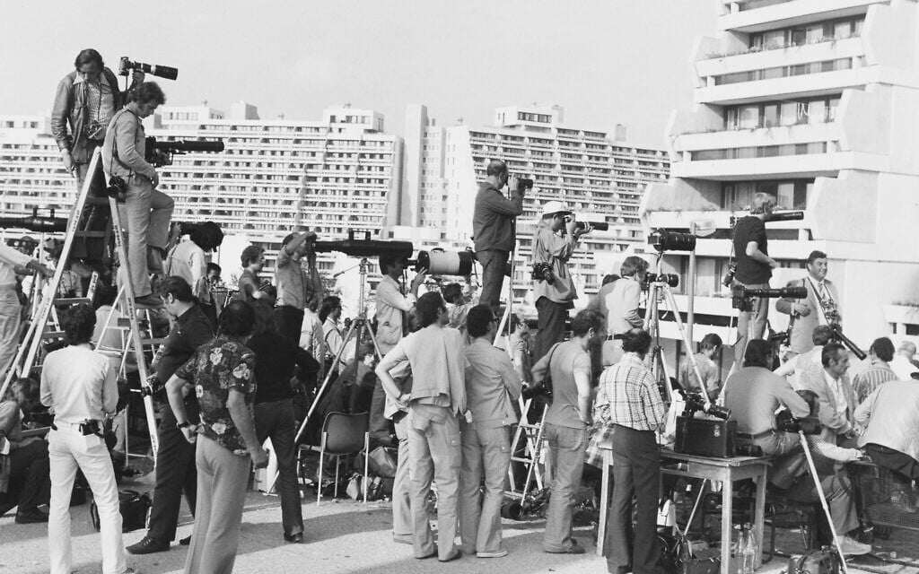 Photographers gather after the Munich massacre, during the 1972 Olympic Games in Munich, West Germany, September 1972. (Photo by Keystone/Hulton Archive/Getty Images/ via JTA)