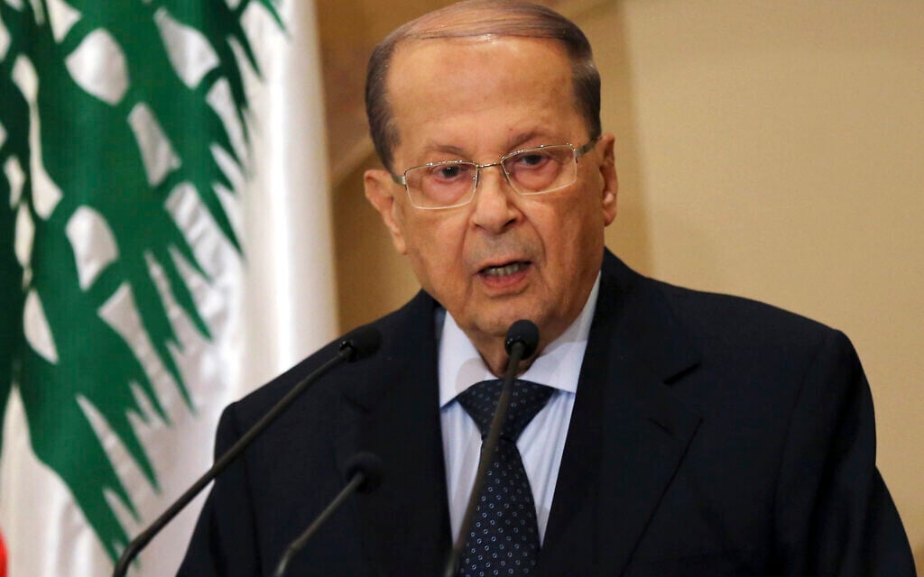 In this Thursday, October 20, 2016, file photo, Christian leader Michel Aoun speaks to journalists after former Lebanese Prime Minister Saad Hariri endorsed him for Lebanese president, in Beirut, Lebanon. Lebanon's parliament has elected Michel Aoun, a former army commander and strong ally of Hezbollah, as president, ending a more than two-year vacuum in the country's top post. (AP Photo/Hussein Malla, File)