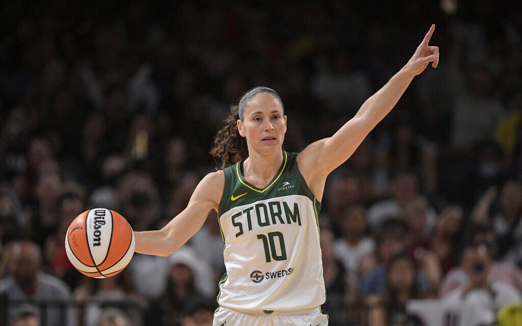 Seattle Storm guard Sue Bird (10) directs teammates during the second half of a WNBA game against the Las Vegas Aces, August 14, 2022, in Las Vegas. (AP Photo/Sam Morris, File)