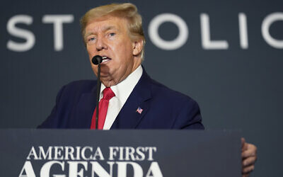 Former US president Donald Trump speaks at an America First Policy Institute agenda summit at the Marriott Marquis in Washington, July 26, 2022. (AP/Andrew Harnik)