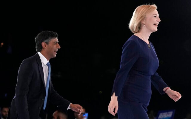 Liz Truss, right, and Rishi Sunak on stage after a Conservative leadership election hustings at Wembley Arena in London, Wednesday, Aug. 31, 2022. (AP/Kirsty Wigglesworth) Liz Truss, right, and Rishi Sunak on stage after a Conservative leadership election hustings at Wembley Arena in London, Wednesday, Aug. 31, 2022. (AP/Kirsty Wigglesworth)