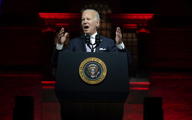 US President Joe Biden speaks outside Independence Hall, Thursday, September 1, 2022, in Philadelphia. (AP/Evan Vucci) US President Joe Biden speaks outside Independence Hall, Thursday, September 1, 2022, in Philadelphia. (AP/Evan Vucci)