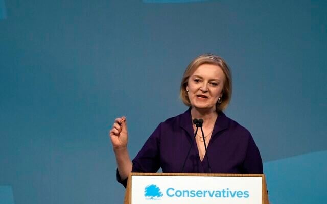 UK Foreign Minister Liz Truss speaks after winning the Conservative Party leadership contest at the Queen Elizabeth II Centre in London, September 5, 2022. (Frank Augstein/AP) UK Foreign Minister Liz Truss speaks after winning the Conservative Party leadership contest at the Queen Elizabeth II Centre in London, September 5, 2022. (Frank Augstein/AP)