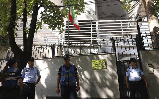 Police guard outside the Iranian Embassy in Tirana, Albania, September 8, 2022. (AP Photo/Franc Zhurda) Police guard outside the Iranian Embassy in Tirana, Albania, September 8, 2022. (AP Photo/Franc Zhurda)