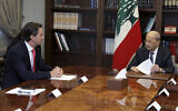 Lebanese President Michel Aoun, right, meets with US Envoy for Energy Affairs Amos Hochstein, at the presidential palace, in Beirut, Lebanon, September 9, 2022. (Dalati Nohra, Lebanon's official government photographer, via AP)