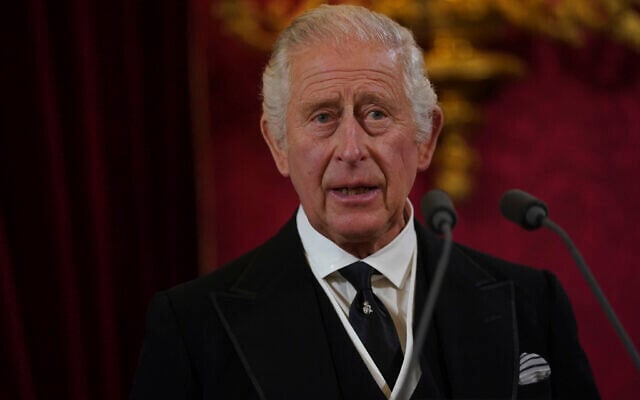 Britain's King Charles III before Privy Council members in the Throne Room during the Accession Council at St James's Palace, London, September 10, 2022, where he is formally proclaimed monarch. (Jonathan Brady/Pool Photo via AP)