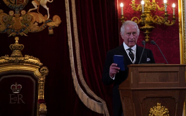 Britain's King Charles III before Privy Council members in the Throne Room during the Accession Council at St James's Palace, London, September 10, 2022, where he is formally proclaimed monarch. (Victoria Jones/Pool Photo via AP)