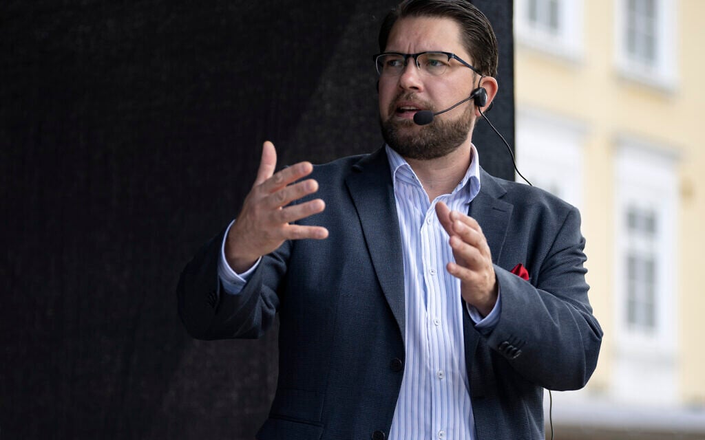 Sweden Democrats' party leader Jimmie Åkesson campaigns at Stortorget in Malmo, Sweden, September 10, 2022, the day before the election. (Johan Nilsson/TT News Agency via AP) Sweden Democrats' party leader Jimmie Åkesson campaigns at Stortorget in Malmo, Sweden, September 10, 2022, the day before the election. (Johan Nilsson/TT News Agency via AP)