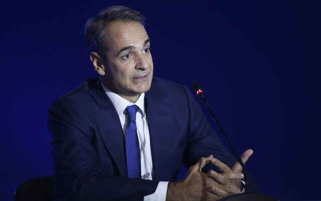Greek Prime Minister Kyriakos Mitsotakis addresses reporters at the Thessaloniki International Fair, in the northern city of Thessaloniki, Greece, September 11, 2022. (AP Photo/Giannis Papanikos)
