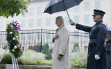 US President Joe Biden participates in a wreath laying ceremony while visiting the Pentagon in Washington to honor and remember the victims of the September 11th terror attack, September 11, 2022. (Susan Walsh/AP)