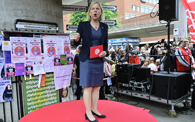 Sweden's Prime Minister and leader of the Social Democrats Magdalena Andersson speaks at Bredang, outside Stockhom, Sweden, September 11, 2022. (Jonas Ekstromer/TT News Agency via AP)