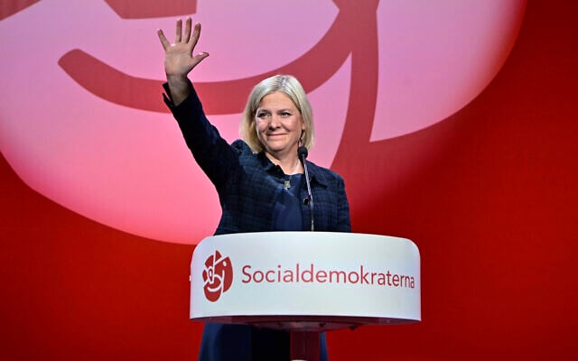 Sweden's Prime Minister and Social Democratic party leader Magdalena Andersson delivers a speech at the Social Democratic Party election watch at the Waterfront Conference Center in Stockholm, Sweden, Sept. 11, 2022. (Jonas Ekströmer/TT News Agency via AP)