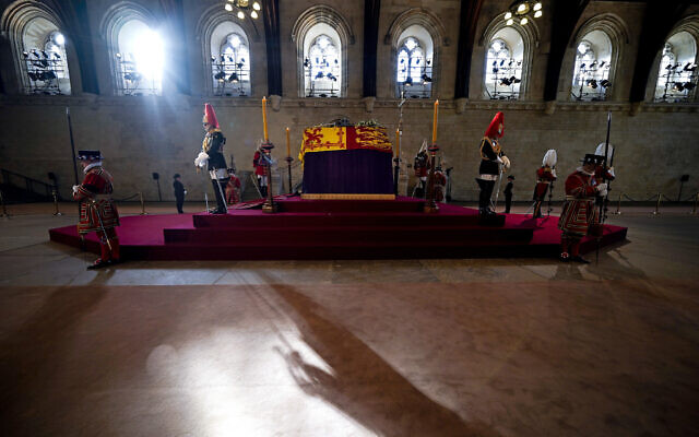 The coffin of Queen Elizabeth II is displayed in Westminster Hall as it lies in state in London, Wednesday, Sept. 14, 2022. (Christopher Furlong/Pool Photo via AP) The coffin of Queen Elizabeth II is displayed in Westminster Hall as it lies in state in London, Wednesday, Sept. 14, 2022. (Christopher Furlong/Pool Photo via AP)