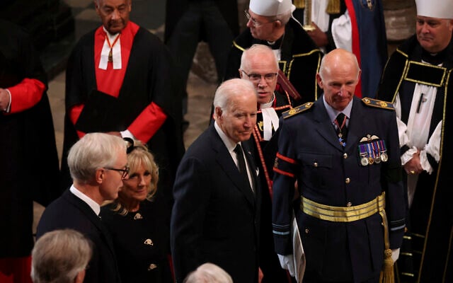U.S. President Joe Biden and first lady Jill Biden arrive at the Westminster Abbey on the day of Queen Elizabeth II funeral, in London Monday, Sept. 19, 2022. (Phil Noble/Pool Photo via AP) U.S. President Joe Biden and first lady Jill Biden arrive at the Westminster Abbey on the day of Queen Elizabeth II funeral, in London Monday, Sept. 19, 2022. (Phil Noble/Pool Photo via AP)