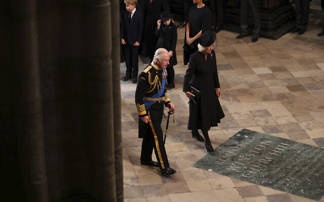 Britain's King Charles III and Camilla, the Queen Consort, arrive at the Westminster Abbey for the funeral of Queen Elizabeth II, in London, Monday Sept. 19, 2022. (Phil Noble/Pool Photo via AP) Britain's King Charles III and Camilla, the Queen Consort, arrive at the Westminster Abbey for the funeral of Queen Elizabeth II, in London, Monday Sept. 19, 2022. (Phil Noble/Pool Photo via AP)