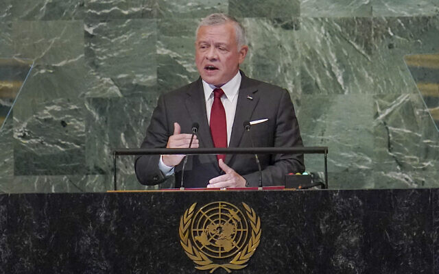 Jordan's King Abdullah II addresses the 77th session of the United Nations General Assembly, September 20, 2022 at the UN headquarters in New York. (AP Photo/Mary Altaffer) Jordan's King Abdullah II addresses the 77th session of the United Nations General Assembly, September 20, 2022 at the UN headquarters in New York. (AP Photo/Mary Altaffer)