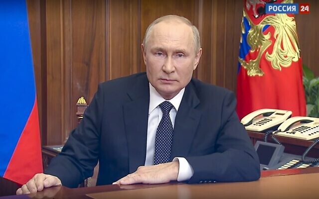 In this image made from a video released by the Russian Presidential Press Service, Russian President Vladimir Putin addresses the nation in Moscow, Russia, September 21, 2022. (Russian Presidential Press Service via AP) In this image made from a video released by the Russian Presidential Press Service, Russian President Vladimir Putin addresses the nation in Moscow, Russia, September 21, 2022. (Russian Presidential Press Service via AP)