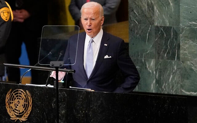 US President Joe Biden addresses the 77th session of the United Nations General Assembly on Wednesday, Sept. 21, 2022, at the UN headquarters. (AP Photo/Evan Vucci) US President Joe Biden addresses the 77th session of the United Nations General Assembly on Wednesday, Sept. 21, 2022, at the UN headquarters. (AP Photo/Evan Vucci)