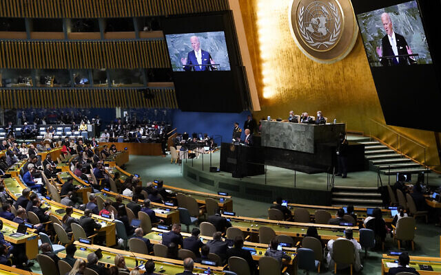 US President Joe Biden addresses the 77th session of the United Nations General Assembly on Wednesday, Sept. 21, 2022, at the U.N. headquarters. (AP Photo/Evan Vucci) US President Joe Biden addresses the 77th session of the United Nations General Assembly on Wednesday, Sept. 21, 2022, at the U.N. headquarters. (AP Photo/Evan Vucci)