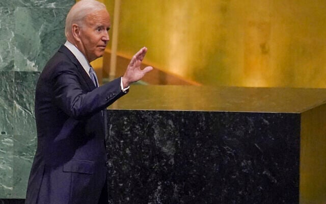 US President Joe Biden waves at the audience after addressing the 77th session of the United Nations General Assembly, Wednesday, Sept. 21, 2022 at U.N. headquarters. (AP Photo/Mary Altaffer) US President Joe Biden waves at the audience after addressing the 77th session of the United Nations General Assembly, Wednesday, Sept. 21, 2022 at U.N. headquarters. (AP Photo/Mary Altaffer)