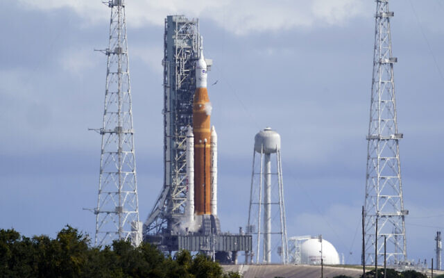The NASA moon rocket for the Artemis mission stands on Pad 39B at the Kennedy Space Center, September 21, 2022. (AP Photo/John Raoux) The NASA moon rocket for the Artemis mission stands on Pad 39B at the Kennedy Space Center, September 21, 2022. (AP Photo/John Raoux)
