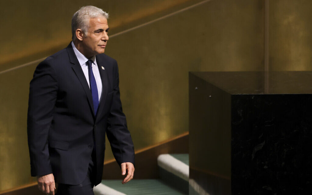 Israel's Prime Minister Yair Lapid arrives to address the 77th session of the United Nations General Assembly, Thursday, September 22, 2022, at UN headquarters. (AP Photo/Julia Nikhinson) Israel's Prime Minister Yair Lapid arrives to address the 77th session of the United Nations General Assembly, Thursday, September 22, 2022, at UN headquarters. (AP Photo/Julia Nikhinson)