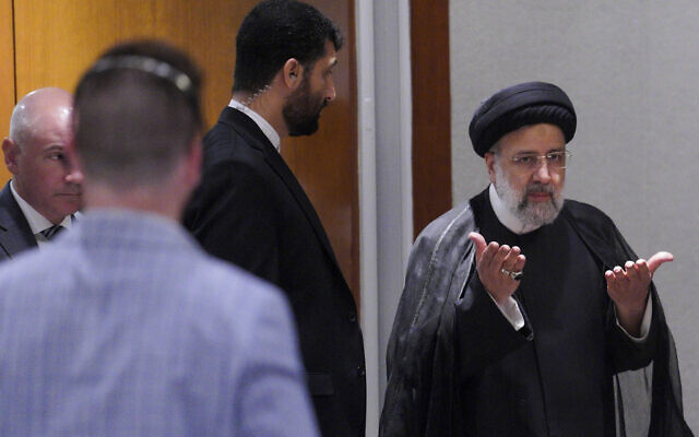 Iran President Ebrahim Raisi, right, arrives at a news conference during his visit for the United Nations General Assembly, Thursday Sept. 22, 2022, at UN headquarters. (AP/Bebeto Matthews) Iran President Ebrahim Raisi, right, arrives at a news conference during his visit for the United Nations General Assembly, Thursday Sept. 22, 2022, at UN headquarters. (AP/Bebeto Matthews)