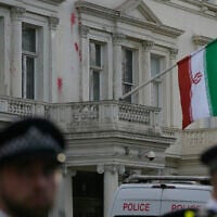 Illustrative: Police stand guard outside the Iranian embassy after a small group of protesters threw paint at the building in London, September 25, 2022. (AP/ Alastair Grant/ File)