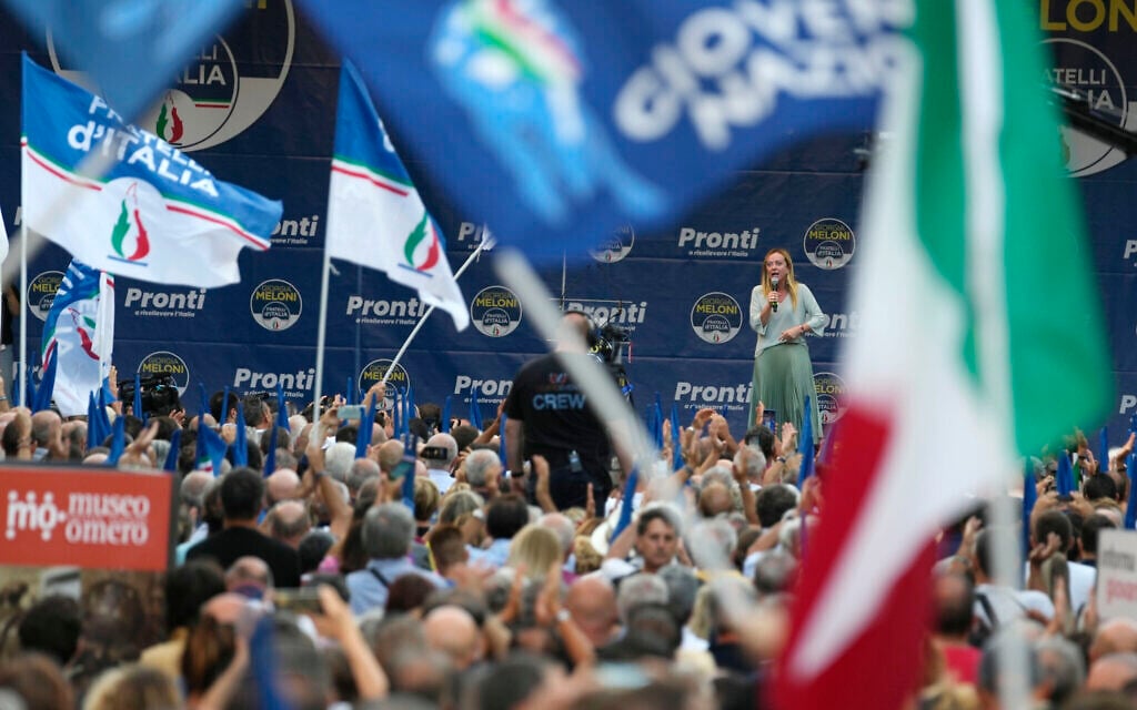 Right-wing party Brothers of Italy's leader Giorgia Meloni, center-right on stage, addresses a rally as she starts her political campaign ahead of September 25 general elections, in Ancona, Italy, August 23, 2022. (AP Photo/Domenico Stinellis, File) Right-wing party Brothers of Italy's leader Giorgia Meloni, center-right on stage, addresses a rally as she starts her political campaign ahead of September 25 general elections, in Ancona, Italy, August 23, 2022. (AP Photo/Domenico Stinellis, File)
