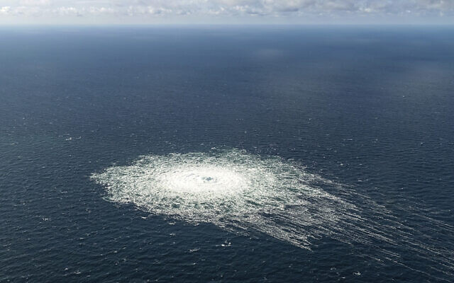 A large disturbance in the sea can be observed off the coast of the Danish island of Bornholm, following a series of unusual leaks on two natural gas pipelines running from Russia under the Baltic Sea to Germany have triggered concerns about possible sabotage, Sept. 27, 2022. (Danish Defence Command via AP) A large disturbance in the sea can be observed off the coast of the Danish island of Bornholm, following a series of unusual leaks on two natural gas pipelines running from Russia under the Baltic Sea to Germany have triggered concerns about possible sabotage, Sept. 27, 2022. (Danish Defence Command via AP)