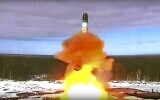 In this handout photo released by Roscosmos Space Agency Press Service on April 20, 2022, a Sarmat intercontinental ballistic missile is launched from Plesetsk in Russia's northwest. (Roscosmos Space Agency Press Service via AP, File)