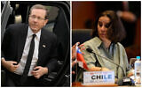 President Isaac Herzog (L) arrives at Buckingham Palace in London, Sunday, Sept. 18, 2022. Chile's Foreign Minister Antonia Urrejola  attends a two-day Mercosur trade bloc summit at the Conmebol Convention Center in Luque, Paraguay on July 21, 2022. (Jorge Saenz, Markus Schreiber/AP)
