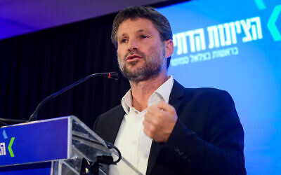Religious Zionism MK Bezalel Smotrich speaks to the press in Ramat Gan, August 23, 2022. (Avshalom Sassoni/Flash90)