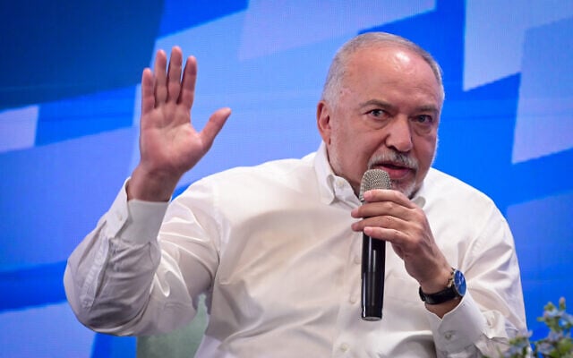 Finance Minister Avigdor Liberman speaks at the Israel Bar Association conference in Tel Aviv, September 5, 2022. (Avshalom Sassoni/Flash90) Finance Minister Avigdor Liberman speaks at the Israel Bar Association conference in Tel Aviv, September 5, 2022. (Avshalom Sassoni/Flash90)