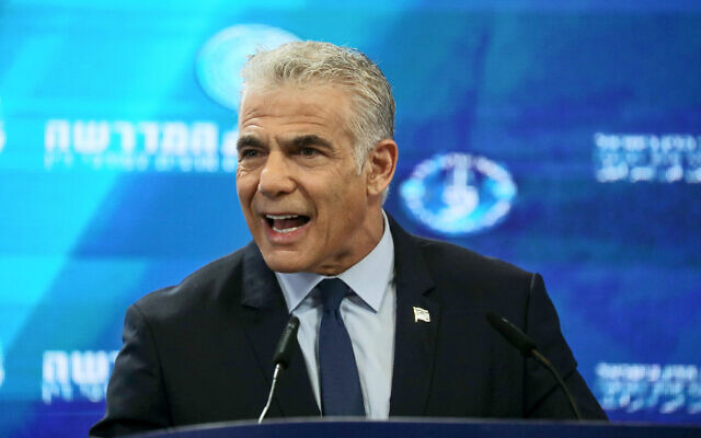 Prime Minister Yair Lapid speaks at the Israel Bar Association's Legal Conference in Tel Aviv, September 5, 2022. (Gideon Markowicz/Flash90)