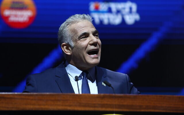 Prime Minister Yair Lapid speaks during a campaign event for his Yesh Atid party in Tel Aviv, September 13, 2022. (Gideon Markowicz/Flash90) Prime Minister Yair Lapid speaks during a campaign event for his Yesh Atid party in Tel Aviv, September 13, 2022. (Gideon Markowicz/Flash90)