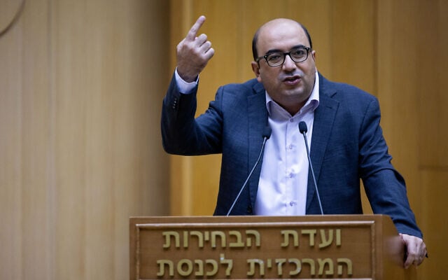Head of the Balad party MK Sami Abu Shehadeh addresses the Central Election Committee at the Knesset, in Jerusalem, September 29, 2022. (Yonatan Sindel/Flash90) Head of the Balad party MK Sami Abu Shehadeh addresses the Central Election Committee at the Knesset, in Jerusalem, September 29, 2022. (Yonatan Sindel/Flash90)